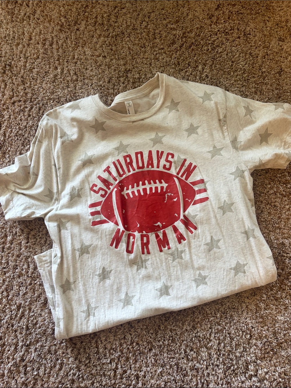 Cream Short-Sleeve Tee with Red Football Graphic